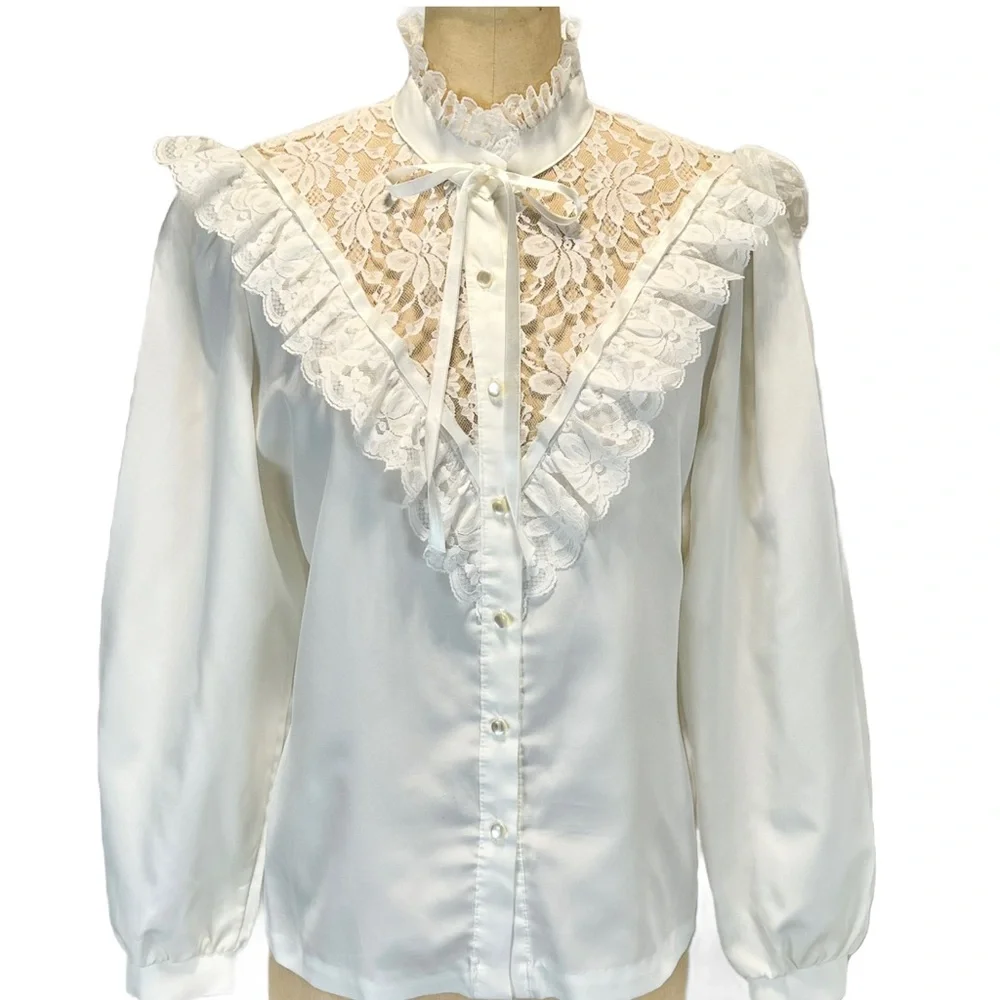 VINTAGE lace ruffle fancy blouse button down Victorian high neck ribbon bow 80s - Picture 3 of 14